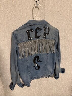 Custom Reputation Denim Jacket with Rhinestone Fringe, Taylor Swift themed